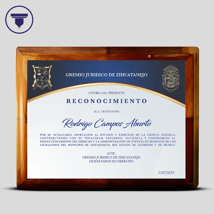 REC-02 Reconocimiento clásico con placa impresa. (Base Chapa, Placa de aluminio tono plata SUB)
